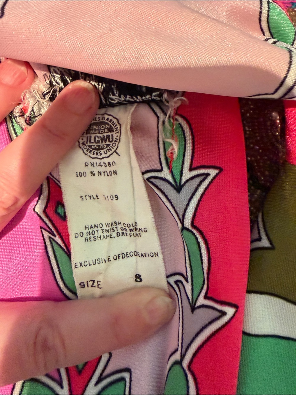 Vintage Saks Fifth Avenue 1970s Pink Green Halter Maxi Dress Sz 8 - Picture 12 of 13